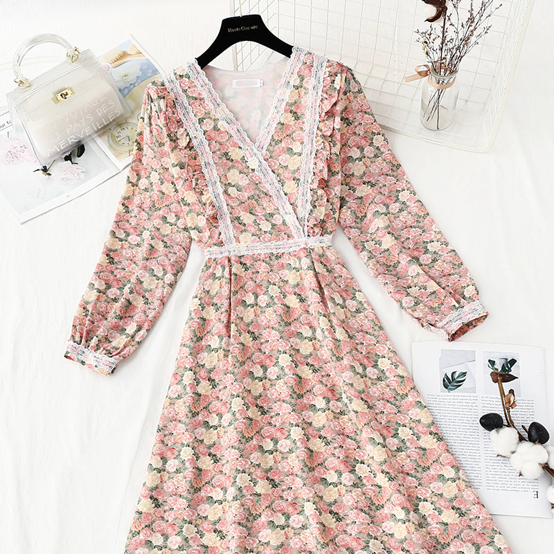 New Chiffon print lace stitching fairy temperament small skirt 4851