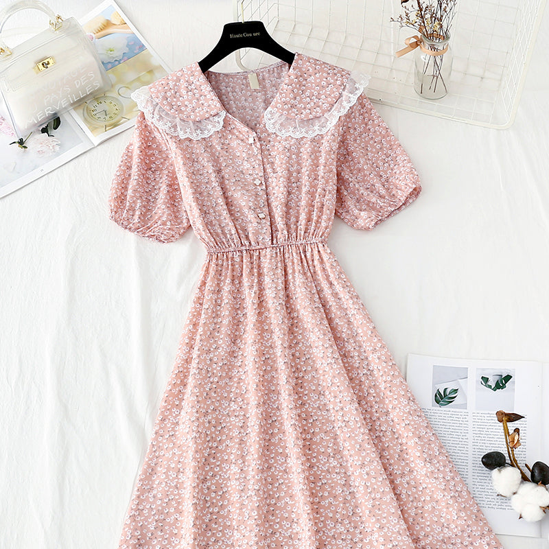 New lace doll neck French retro temperament fairy Chiffon Skirt 4844