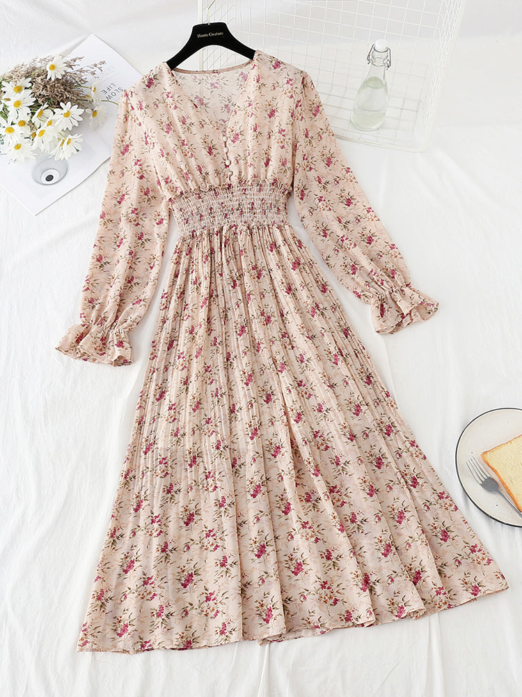 V-neck floral dress knee length skirt pleated skirt 4791