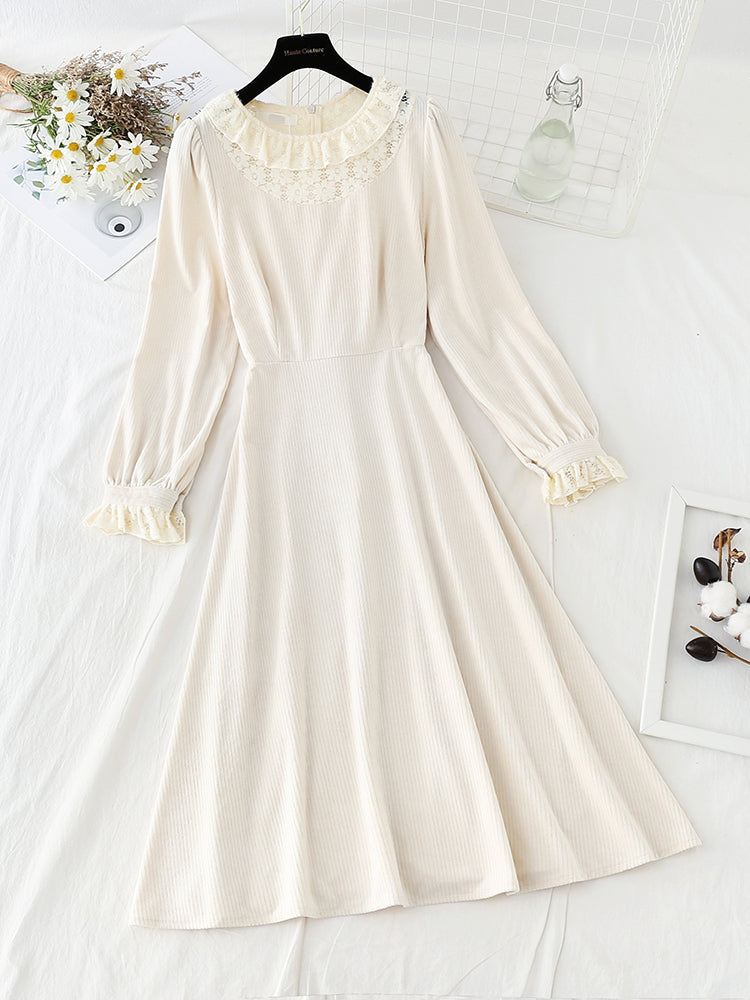 Lace collar velvet dress Retro High Waist slim 4795
