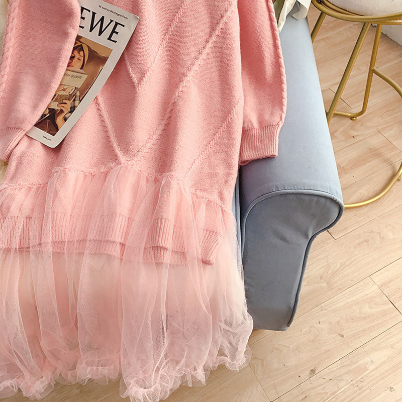 Mesh stitched loose long wool dress 4941