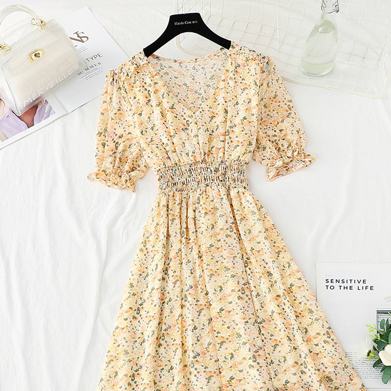 New French gentle V-neck Bubble Sleeve Chiffon fairy skirt 4876