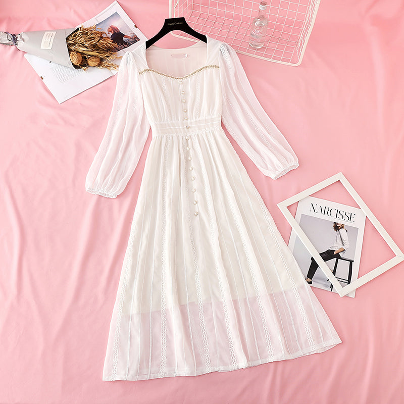 French retro V-neck waist closed thin long sleeve Knee Skirt super sweet 4759