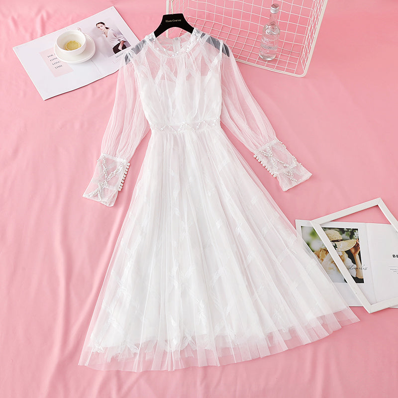 New style temperament, slim waist, sweet pearl Sequin mesh long skirt 4724