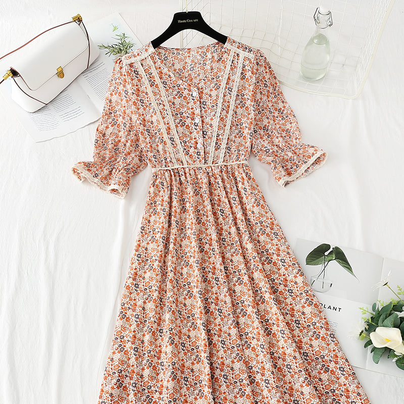 Lady floral dress tea break skirt French Vintage chiffon long skirt 4874