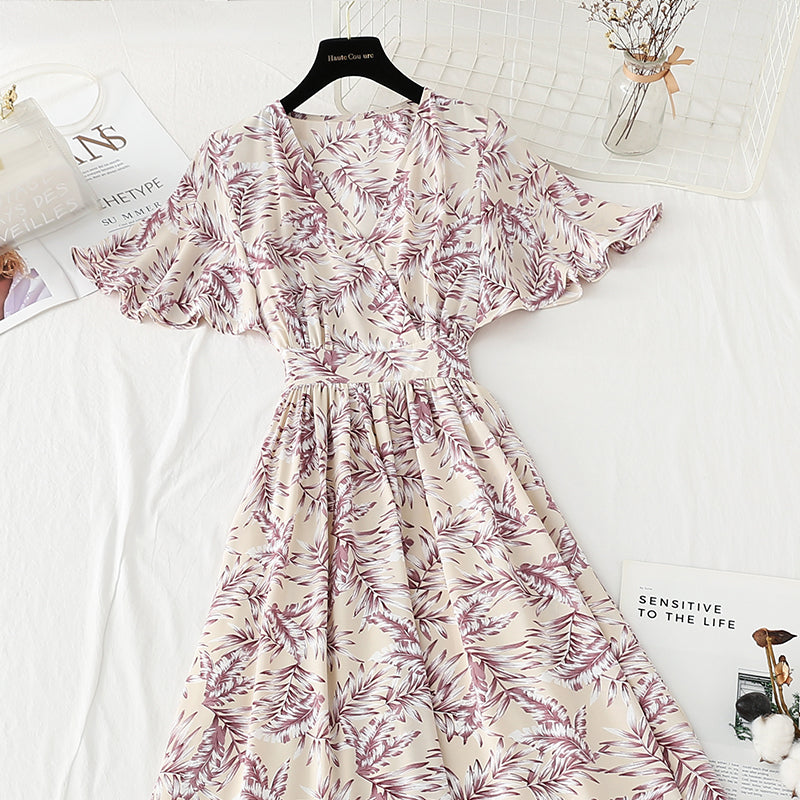 New tea break French chiffon long skirt V-neck waist slim A-line skirt 4889