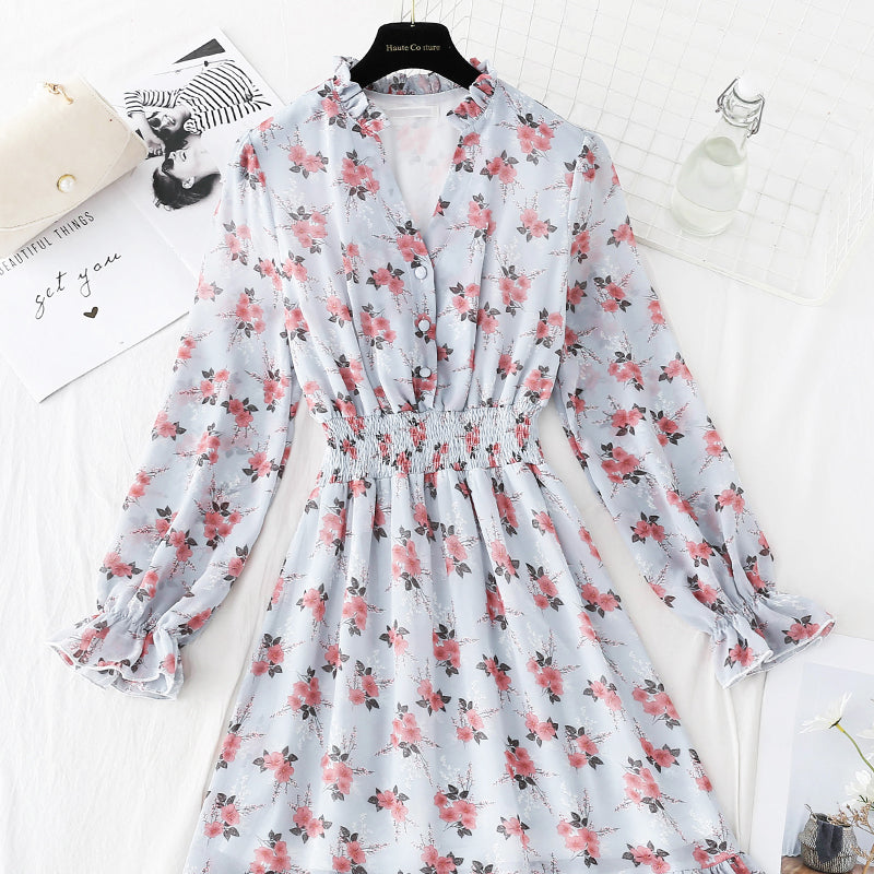 New female V Neck elastic waist Floral Dress Chiffon Skirt 4813