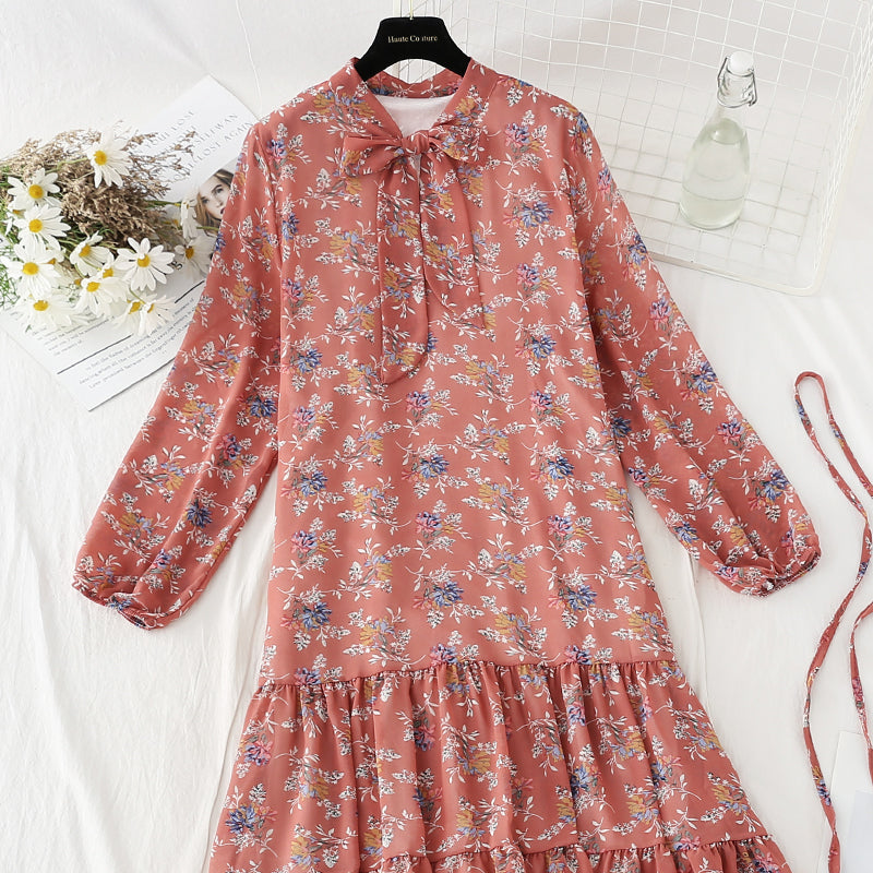 New women's lace up bow temperament retro floral skirt 4817