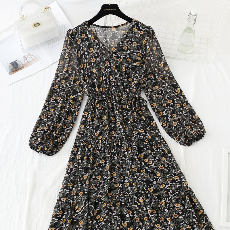 V-neck lace up waist Floral Dress 4798