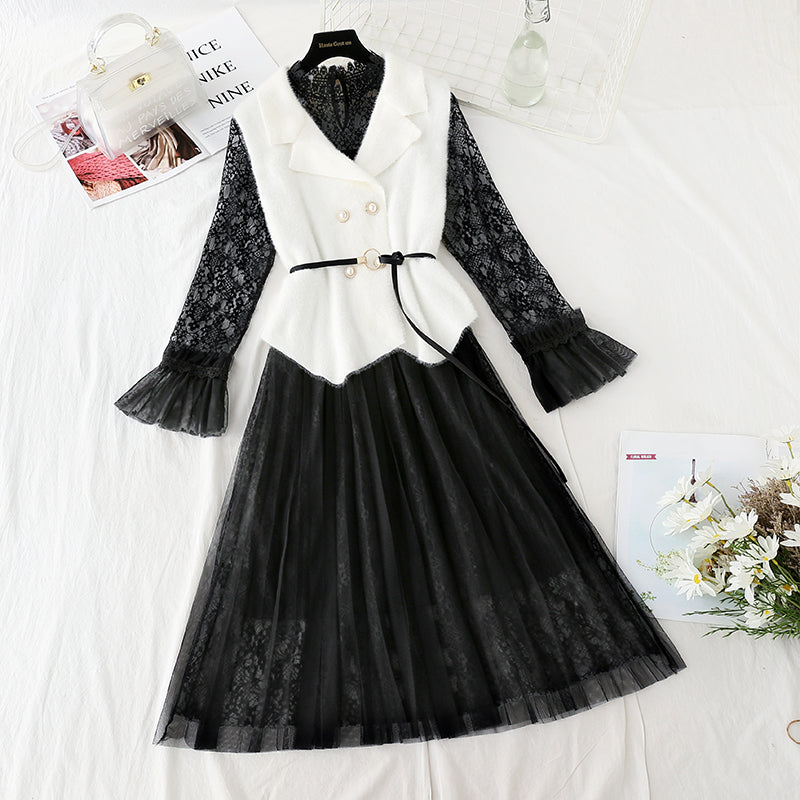 Super fairy lace dress vest skirt two piece set 4740