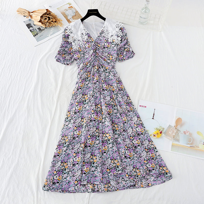 New lace Lapel temperament goddess style waist closing thin French long skirt 4630