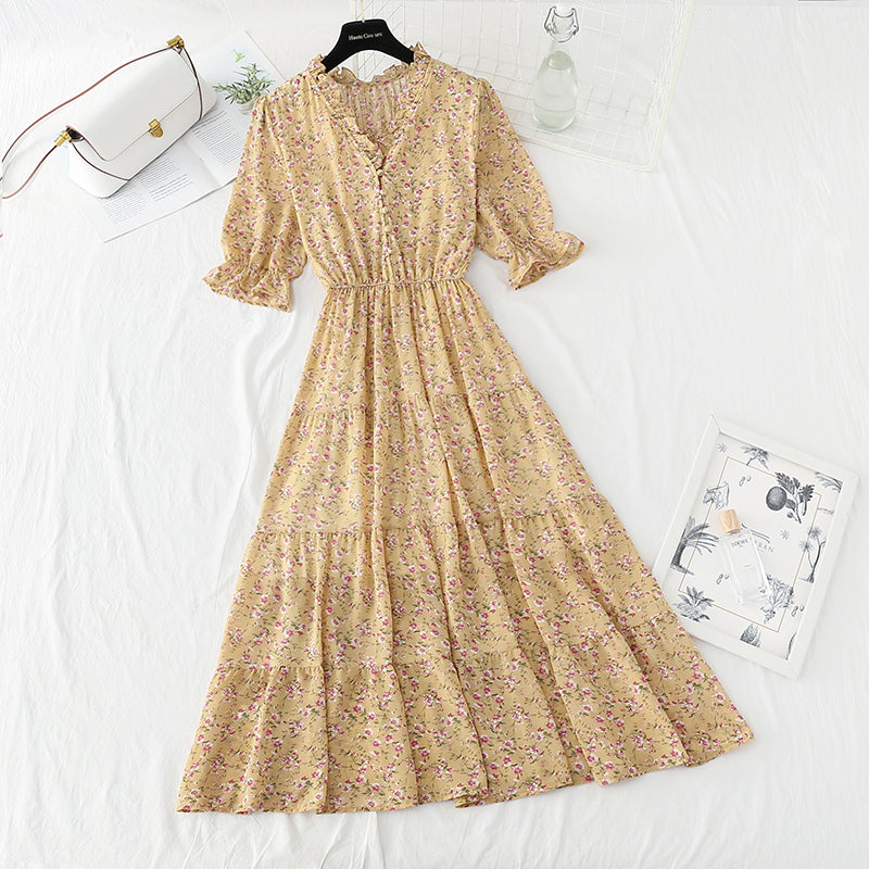 New sweet Floral Chiffon French V-neck slim fairy skirt 4872