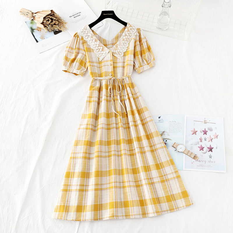 New lace doll collar sweet Plaid Cotton Linen Skirt fairy super fairy series 4598