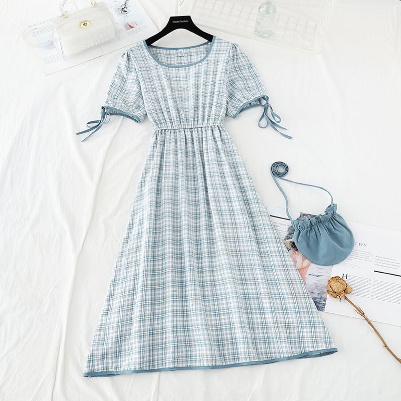 Fresh lace up thin high square neck Red Plaid Dress female 4689