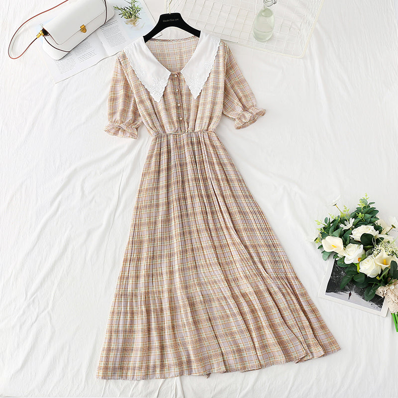 New doll neck Floral Chiffon pleated French retro fairy skirt 4880