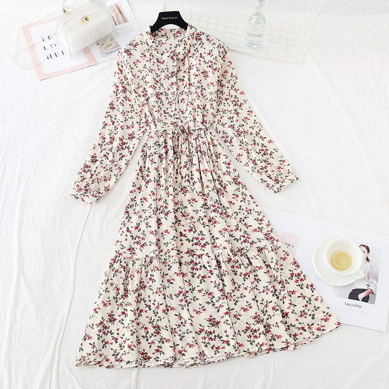 New long sleeved chiffon skirt sweet waist slim gentle wind Floral Dress 4546