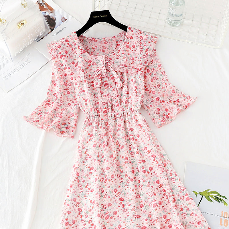 New sweet college broken Flower Chiffon French retro dress 4518