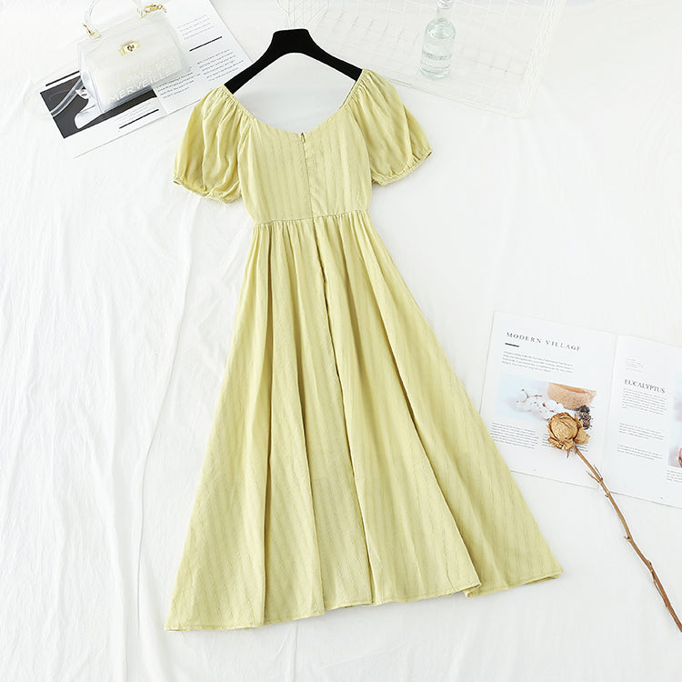 French retro bubble sleeve waist closing temperament long skirt 4196