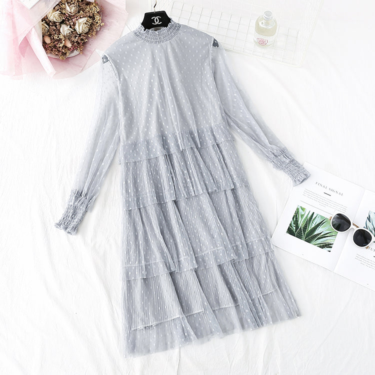 Japanese soft wind mesh cake bottomed long skirt 4494