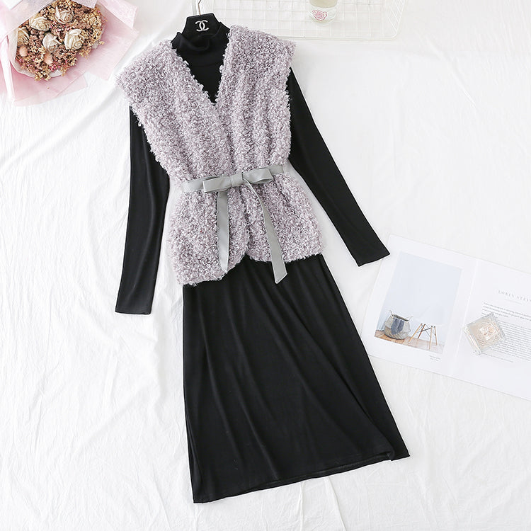 Black bottomed dress + Lamb Fur Vest long skirt 4456
