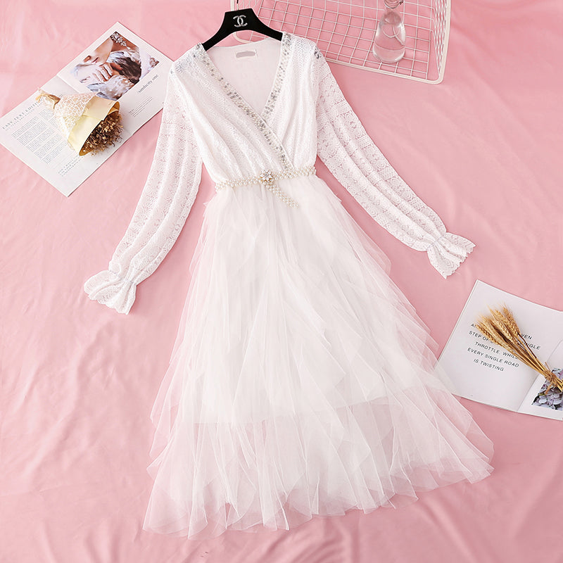 Lace dress French Vintage mesh stitched cake skirt with a slim waist 4498