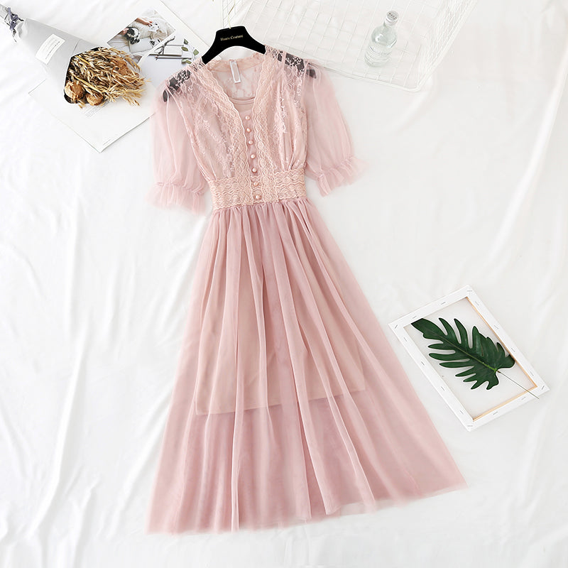 The new waist is slim and gentle wind mesh dress 4392