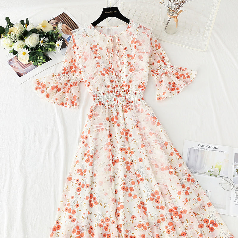 Chiffon-Rock mit Blumenmuster, erste Liebesabteilung, süßer knielanger Alterungsrock 4426