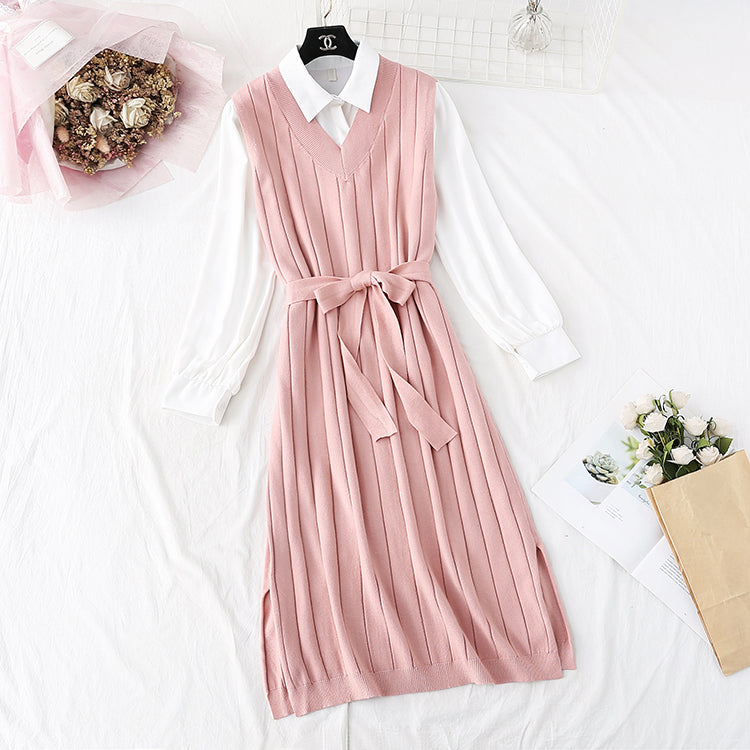 High necked Royal sister wind inner tie knit dress 4492