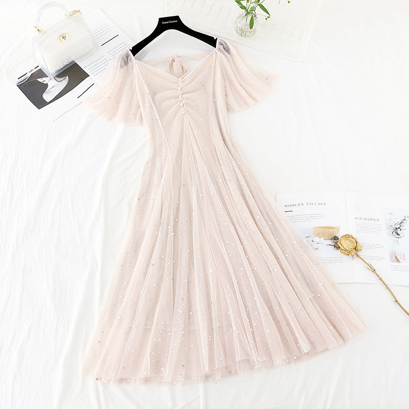 Star Sequin gauze waist closing thin French dress 4398