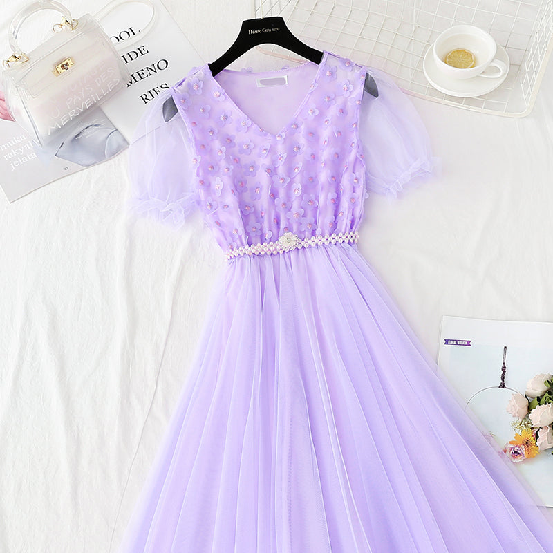 Temperament: slim waist with lace mesh long skirt 4420