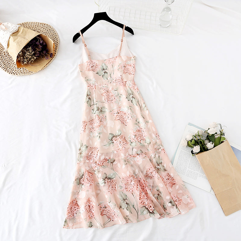 Suspender dress Floral Chiffon fishtail lotus leaf side length 4116