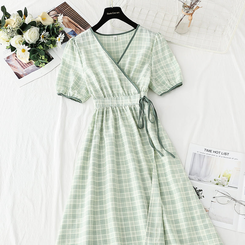 One piece cotton linen Plaid Dress waist closing temperament skirt 4262