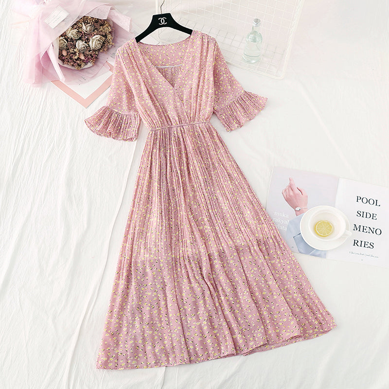 New French retro super fairy red Pleated Chiffon Long Skirt 4526