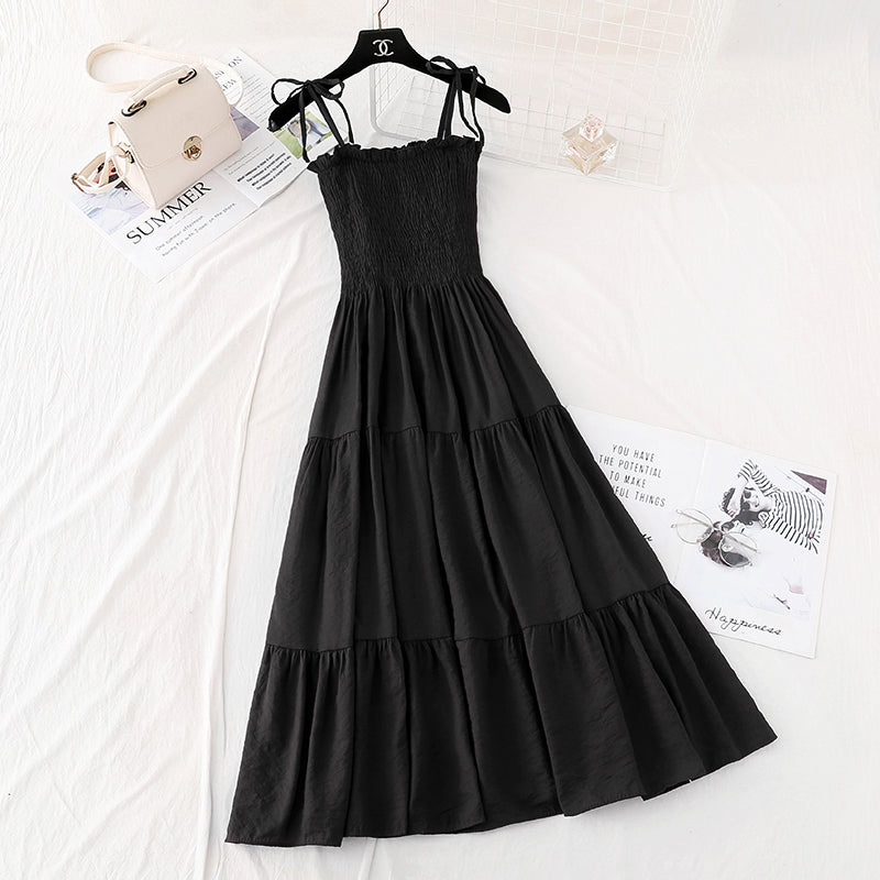 Cotton hemp suspender dress retro long skirt with slim waist 4113