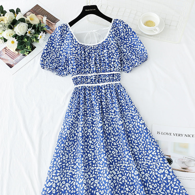 Small fresh sweet floral dress retro bubble sleeve 4274