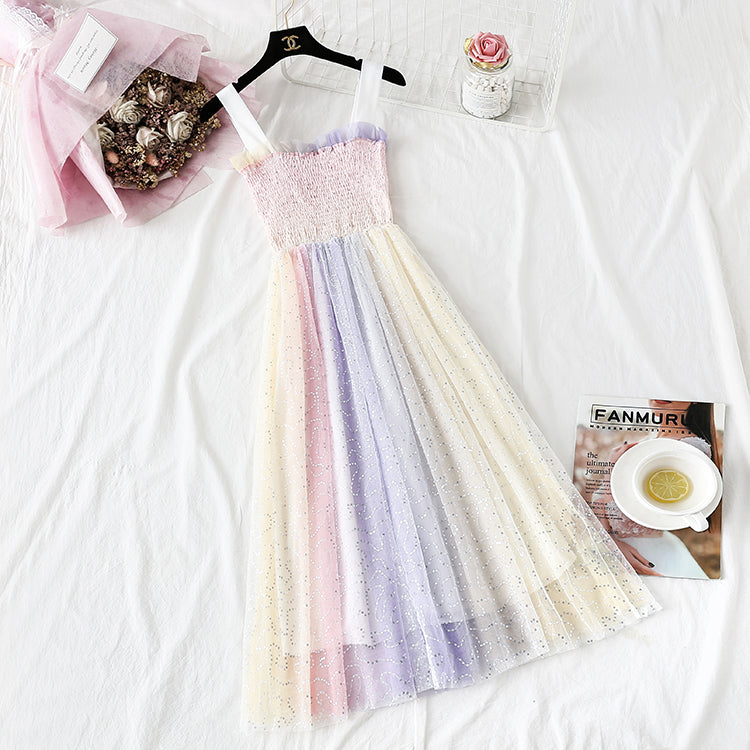 Rainbow seven color suspender dress 4299