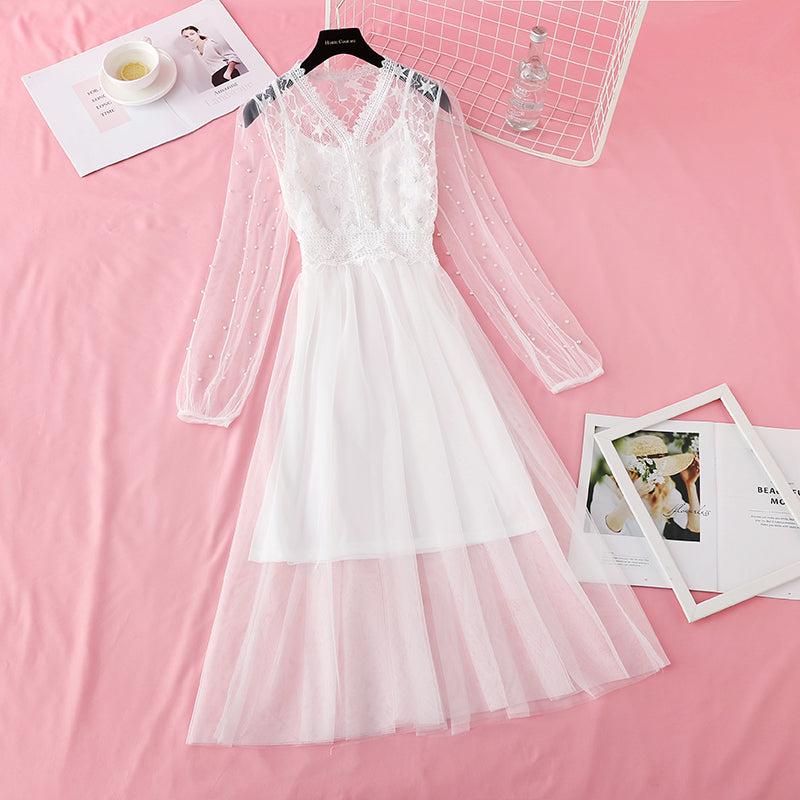 New mesh lace stitched skirt fairy Sen suit long skirt 4401