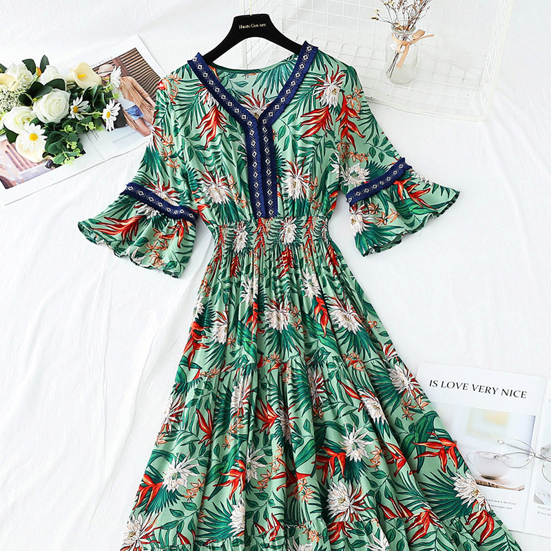 V-neck temperament slim waist long skirt seaside resort beach skirt 4257