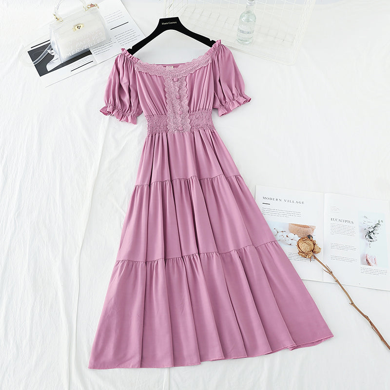 Bubble sleeve cotton linen dress lace edge French retro long skirt 4179