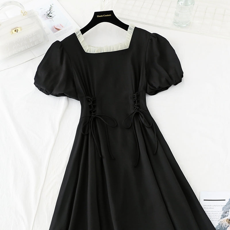 French retro square collar first love waist closing thin fairy skirt 4223