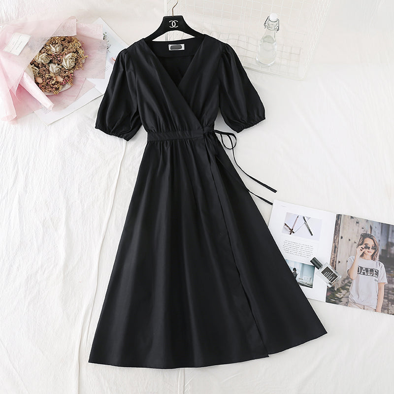 Lace up waist for thin temperament French retro bubble sleeve long skirt 4146