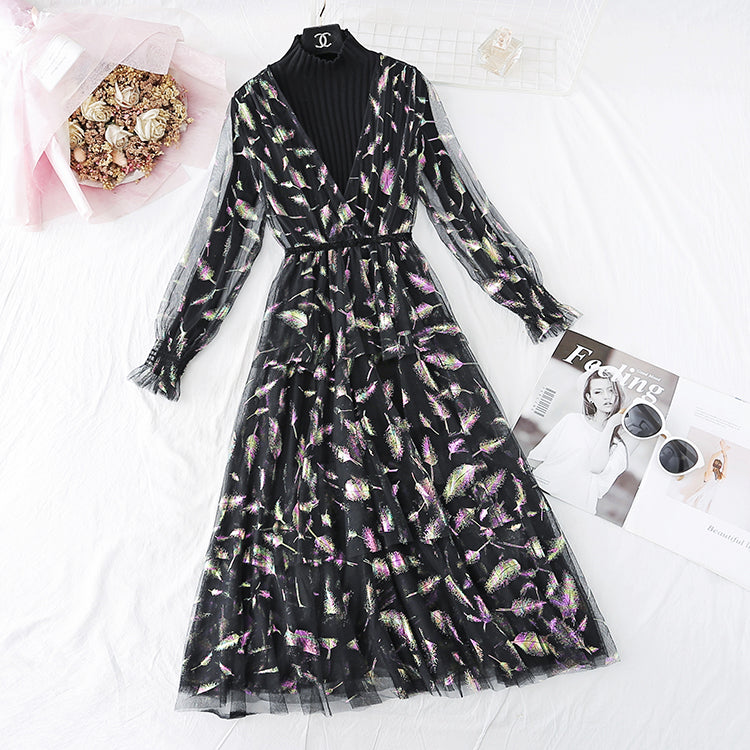 Super fairy foreign style feather mesh dress 4077