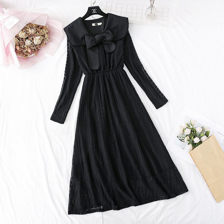 Sweet bow long skirt French retro waist wool skirt 4000