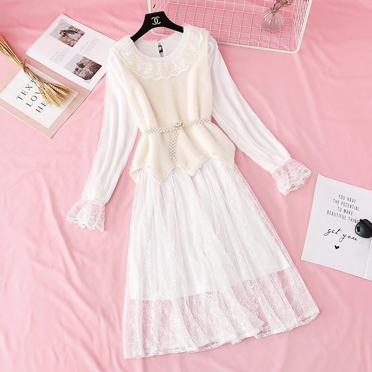 Knitted vest mink sweater lace skirt set two piece set 3993