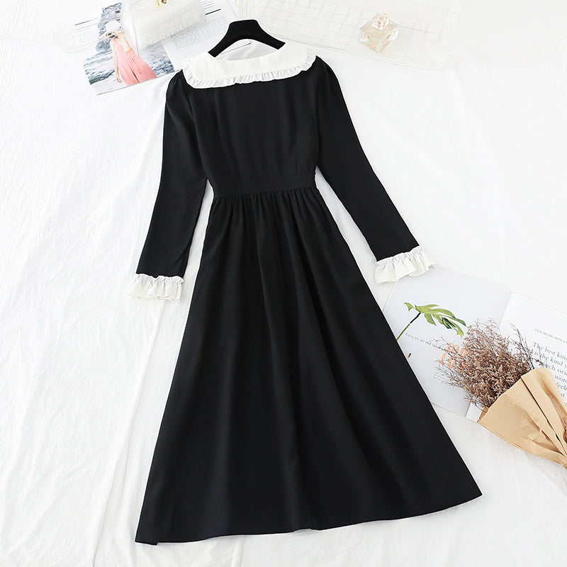 Ruffled baby collar French small black skirt long style 3834