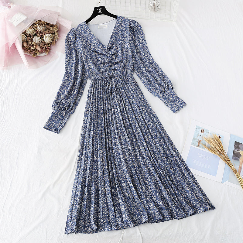 Retro broken flower pleated long skirt fairy super fairy series 4046