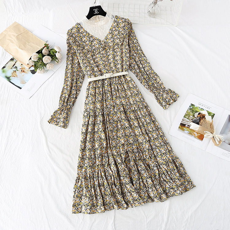 Floral Chiffon Dress Lace Collar fake two-piece bottom skirt 4006