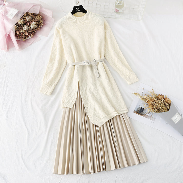 Ensemble deux pièces pull tricoté au genou et jupe plissée 3962