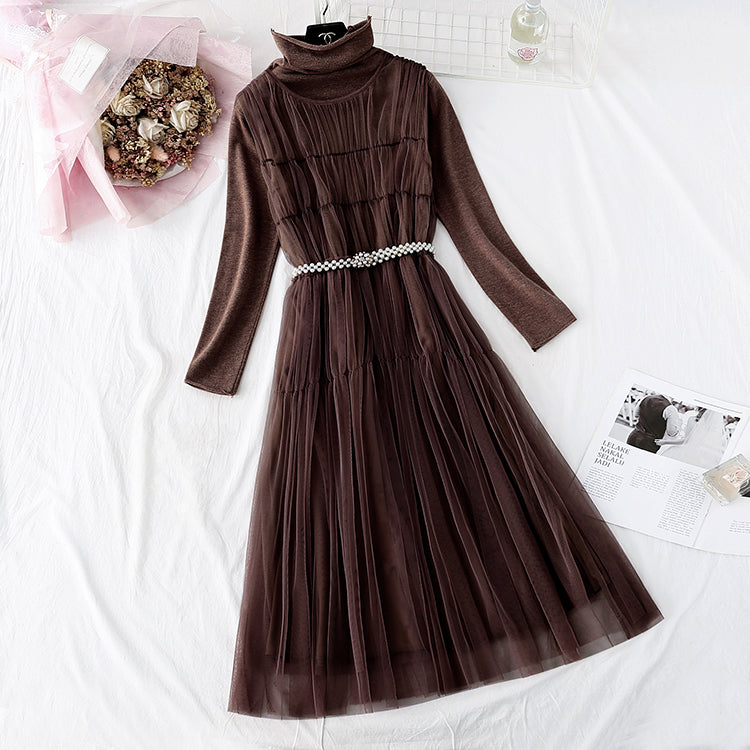 Mesh vest skirt + high neck bottomed shirt two-piece set 3979