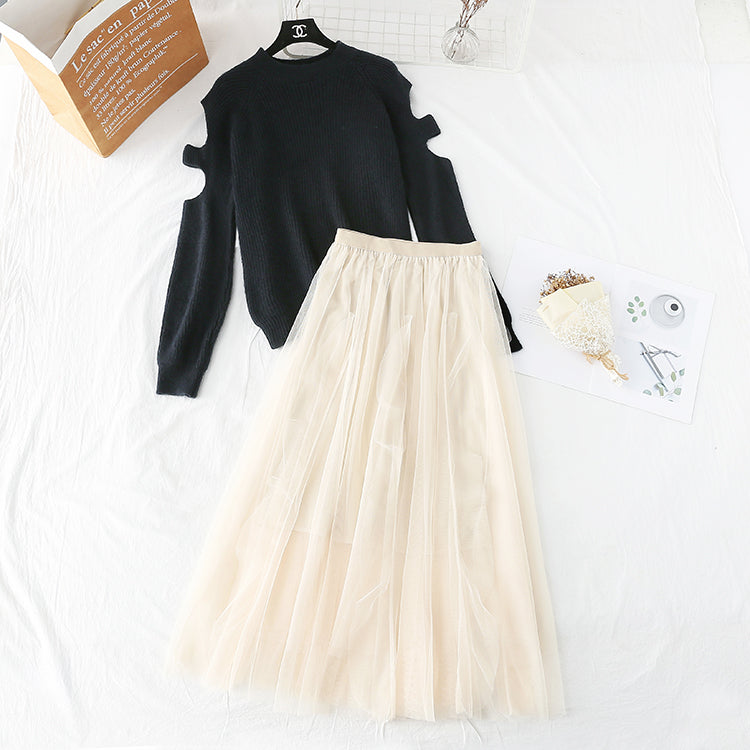 Off shoulder Pullover Sweater + mesh skirt 3947